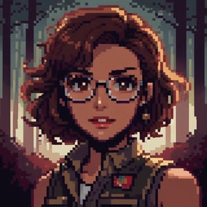 score_7_up, score_8_up, score_9, high quality, high detail, high resolution, masterpiece, illustration, cell shaded art, (latin american, Latina face, (1girl)), tan skin, dark brown ((curly)) shoulder length hair, glasses, (sci-fi contract mercenary, modern Military setting), detailed dark forest background, soft light, mid shot, fine details, vibrant colors, exquisite lighting and composition, 8k, comic cartoon