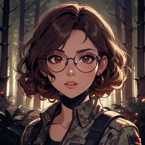 score_7_up, score_8_up, score_9, high quality, high detail, high resolution, masterpiece, illustration, cell shaded art, (latin american, Latina face, (1girl)), tan skin, dark brown ((curly)) shoulder length hair, glasses, (sci-fi contract mercenary, modern Military setting), detailed dark forest background, soft light, mid shot, fine details, vibrant colors, exquisite lighting and composition, 8k, comic cartoon