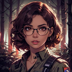 score_7_up, score_8_up, score_9, high quality, high detail, high resolution, masterpiece, illustration, cell shaded art, (latin american, Latina face, (1girl)), tan skin, dark brown ((curly)) shoulder length hair, glasses, (sci-fi contract mercenary, modern Military setting), detailed dark forest background, soft light, mid shot, fine details, vibrant colors, exquisite lighting and composition, 8k, comic cartoon