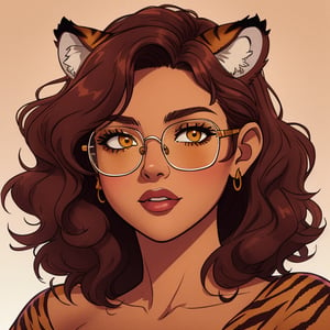 High quality, masterpiece, illustration, latin american woman, with tiger ears and stripes, striped fur, light Carmel colored skin, square glasses, dark brown curly shoulder length hair, cell shaded art, detailed, soft light, vibrant colors, detailed background, medium shot,score_7, score_8, score_9, nodf_lora, Color Booster, Style ,Fantasy,Intricate 