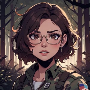 score_7_up, score_8_up, score_9, high quality, high detail, high resolution, masterpiece, illustration, cell shaded art, (latin american, Latina face, (1girl)), tan skin, dark brown ((curly)) shoulder length hair, glasses, (sci-fi contract mercenary, modern Military setting), detailed dark forest background, soft light, mid shot, fine details, vibrant colors, exquisite lighting and composition, 8k, comic cartoon