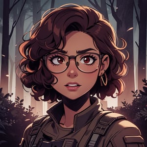 score_7_up, score_8_up, score_9, high quality, high detail, high resolution, masterpiece, illustration, cell shaded art, (latin american, Latina face, (1girl)), tan skin, dark brown ((curly)) shoulder length hair, glasses, (sci-fi contract mercenary, modern Military setting), detailed dark forest background, soft light, mid shot, fine details, vibrant colors, exquisite lighting and composition, 8k, comic cartoon