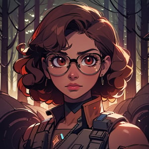 score_7_up, score_8_up, score_9, high quality, high detail, high resolution, masterpiece, illustration, cell shaded art, (latin american, Latina face, (1girl)), tan skin, dark brown ((curly)) shoulder length hair, glasses, (sci-fi contract mercenary, modern Military setting), detailed dark forest background, soft light, mid shot, fine details, vibrant colors, exquisite lighting and composition, 8k, comic cartoon