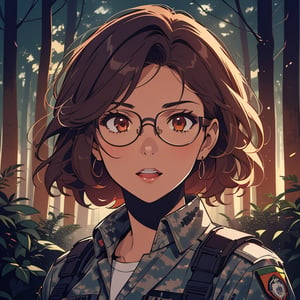 score_7_up, score_8_up, score_9, high quality, high detail, high resolution, masterpiece, illustration, cell shaded art, (latin american, Latina face, (1girl)), tan skin, dark brown ((curly)) shoulder length hair, glasses, (sci-fi contract mercenary, modern Military setting), detailed dark forest background, soft light, mid shot, fine details, vibrant colors, exquisite lighting and composition, 8k, comic cartoon