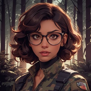 score_7_up, score_8_up, score_9, high quality, high detail, high resolution, masterpiece, illustration, cell shaded art, (latin american, Latina face, (1girl)), tan skin, dark brown ((curly)) shoulder length hair, glasses, (sci-fi contract mercenary, modern Military setting), detailed dark forest background, soft light, mid shot, fine details, vibrant colors, exquisite lighting and composition, 8k, comic cartoon