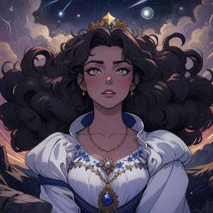 High quality, masterpiece, illustration, royal young latin american woman, tanned skin, detailed hair that is curly looks like starry night sky, main character of a fantasy adventure story, whimsical, cell shaded art, detailed background, starry crown, soft light, vibrant colors, medium shot, score_7, score_8, score_9, score_8_up, nodf_lora, Color Booster