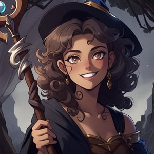 High quality, masterpiece, illustration, wizard, smile, young greek woman, smiling, (silver eyes), ((very curly fluffy dark brown shoulder length hair)), twisted gnarled wooden staff, cell shaded art, detailed, soft light, vibrant colors, detailed background, medium shot,score_7, score_8, score_9, score_8_up, nodf_lora, Color Booster, Style ,Fantasy,Girl 