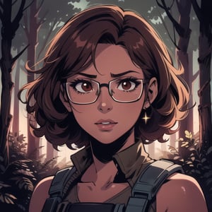 score_7_up, score_8_up, score_9, high quality, high detail, high resolution, masterpiece, illustration, cell shaded art, (latin american, Latina face, (1girl)), tan skin, dark brown ((curly)) shoulder length hair, glasses, (sci-fi contract mercenary, modern Military setting), detailed dark forest background, soft light, mid shot, fine details, vibrant colors, exquisite lighting and composition, 8k, comic cartoon