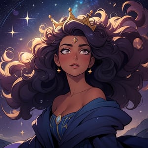 High quality, masterpiece, illustration, royal young latin american woman, tanned skin, detailed hair that is curly looks like starry night sky, main character of a fantasy adventure story, whimsical, cell shaded art, detailed background, starry crown, soft light, vibrant colors, medium shot, score_7, score_8, score_9, score_8_up, nodf_lora, Color Booster