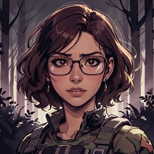 score_7_up, score_8_up, score_9, high quality, high detail, high resolution, masterpiece, illustration, cell shaded art, (latin american, Latina face, (1girl)), tan skin, dark brown curly shoulder length hair, glasses, (sci-fi contract mercenary, modern Military setting), detailed dark forest background, soft light, mid shot, fine details, vibrant colors, exquisite lighting and composition, 8k, comic cartoon