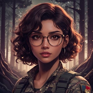 score_7_up, score_8_up, score_9, high quality, high detail, high resolution, masterpiece, illustration, cell shaded art, (latin american, Latina face, (1girl)), tan skin, dark brown ((curly)) shoulder length hair, glasses, (sci-fi contract mercenary, modern Military setting), detailed dark forest background, soft light, mid shot, fine details, vibrant colors, exquisite lighting and composition, 8k, comic cartoon