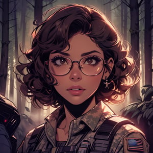 score_7_up, score_8_up, score_9, high quality, high detail, high resolution, masterpiece, illustration, cell shaded art, (latin american, Latina face, (1girl)), tan skin, dark brown ((curly)) shoulder length hair, glasses, (sci-fi contract mercenary, modern Military setting), detailed dark forest background, soft light, mid shot, fine details, vibrant colors, exquisite lighting and composition, 8k, comic cartoon