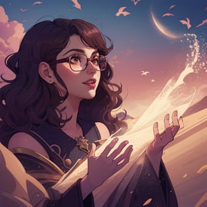 High quality, masterpiece, illustration, dream warlock, creating a dreamscape, with dream sand, joyful, latin american woman, square glasses, dark brown curly shoulder length hair, soft light, medium shot, detailed background, cell shaded art, score_7, score_8, score_9, nodf_lora, Color Booster, Style, Fantasy, girl,Sylvain_Sarrailh_style_lora_by_niolas