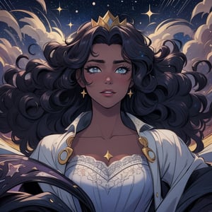 High quality, masterpiece, illustration, royal young latin american woman, (tanned skin), detailed hair that is curly looks like starry night sky, main character of a fantasy adventure story, cell shaded art, detailed background, starry crown, soft light, vibrant colors, medium shot, score_7, score_8, score_9, score_8_up, nodf_lora, Color Booster