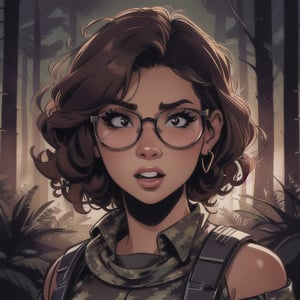 score_7_up, score_8_up, score_9, high quality, high detail, high resolution, masterpiece, illustration, cell shaded art, (latin american, Latina face, (1girl)), tan skin, dark brown ((curly)) shoulder length hair, glasses, (sci-fi contract mercenary, modern Military setting), detailed dark forest background, soft light, mid shot, fine details, vibrant colors, exquisite lighting and composition, 8k, comic cartoon