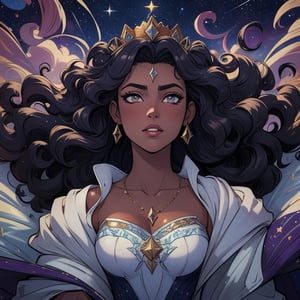 High quality, masterpiece, illustration, royal young latin american woman, (tanned skin), detailed hair that is curly looks like starry night sky, main character of a fantasy adventure story, cell shaded art, detailed background, starry crown, soft light, vibrant colors, medium shot, score_7, score_8, score_9, score_8_up, nodf_lora, Color Booster