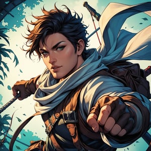 High quality, masterpiece, illustration, tanned skin, perfect face, rogue, rugged (Oriental male), black windswept hair, main character of a fantasy adventure story, dynamic pose, soft light, medium shot, detailed background, fine details, cell shaded art, vibrant colors, masterpiece digital painting, exquisite lighting and composition, 8k, sharp, very detailed, high resolution, score_7, score_8_up, score_9, vDecora_SWstyle, Decora_SWstyle, more detail XL