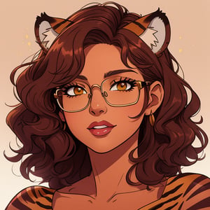 High quality, masterpiece, illustration, latin american woman, with tiger ears and stripes, striped fur, light Carmel colored skin, square glasses, dark brown curly shoulder length hair, cell shaded art, detailed, soft light, vibrant colors, detailed background, medium shot,score_7, score_8, score_9, nodf_lora, Color Booster, Style ,Fantasy,Intricate 