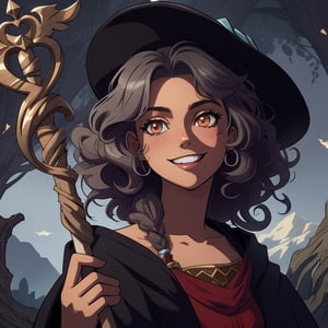 High quality, masterpiece, illustration, wizard, young greek woman, smiling, silver eyes, very curly fluffy dark brown shoulder length hair, twisted gnarled wooden staff, cell shaded art, detailed, soft light, vibrant colors, detailed background, medium shot,score_7, score_8, score_9, score_8_up, nodf_lora, Color Booster, Style ,Fantasy