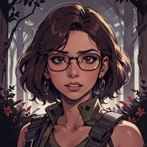 score_7_up, score_8_up, score_9, high quality, high detail, high resolution, masterpiece, illustration, cell shaded art, (latin american, Latina face, (1girl)), tan skin, dark brown curly shoulder length hair, glasses, (sci-fi contract mercenary, modern Military setting), detailed dark forest background, soft light, mid shot, fine details, vibrant colors, exquisite lighting and composition, 8k, comic cartoon