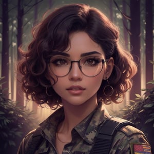 score_7_up, score_8_up, score_9, high quality, high detail, high resolution, masterpiece, illustration, cell shaded art, (latin american, Latina face, (1girl)), tan skin, dark brown ((curly)) shoulder length hair, glasses, (sci-fi contract mercenary, modern Military setting), detailed dark forest background, soft light, mid shot, fine details, vibrant colors, exquisite lighting and composition, 8k, comic cartoon