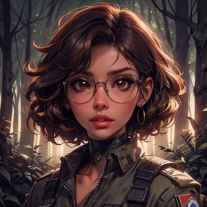 score_7_up, score_8_up, score_9, high quality, high detail, high resolution, masterpiece, illustration, cell shaded art, (latin american, Latina face, (1girl)), tan skin, dark brown ((curly)) shoulder length hair, glasses, (sci-fi contract mercenary, modern Military setting), detailed dark forest background, soft light, mid shot, fine details, vibrant colors, exquisite lighting and composition, 8k, comic cartoon