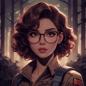 score_7_up, score_8_up, score_9, high quality, high detail, high resolution, masterpiece, illustration, cell shaded art, (latin american, Latina face, (1girl)), tan skin, dark brown ((curly)) shoulder length hair, glasses, (sci-fi contract mercenary, modern Military setting), detailed dark forest background, soft light, mid shot, fine details, vibrant colors, exquisite lighting and composition, 8k, comic cartoon