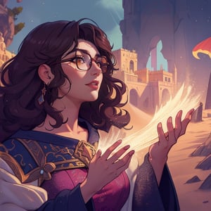 High quality, masterpiece, illustration, dream warlock, creating a dreamscape, with dream sand, joyful, latin american woman, square glasses, dark brown curly shoulder length hair, soft light, medium shot, detailed background, cell shaded art, score_7, score_8, score_9, nodf_lora, Color Booster, Style, Fantasy, girl,Sylvain_Sarrailh_style_lora_by_niolas