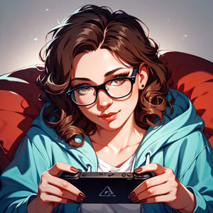 High quality, masterpiece, illustration, latin american woman lounging in a comfortable armchair, light Carmel colored skin, wearing comfortable oversized hoodie, square glasses, dark brown curly shoulder length hair, playing a game on a hand held gaming console, warm neutral tones, soft light, medium shot, score_7, score_8, score_9, score_8_up