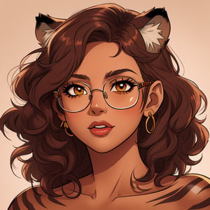 High quality, masterpiece, illustration, latin american woman, with tiger ears and stripes, fur, light Carmel colored skin, square glasses, dark brown curly shoulder length hair, cell shaded art, detailed, soft light, vibrant colors, detailed background, medium shot,score_7, score_8, score_9, nodf_lora, Color Booster, Style ,Fantasy,