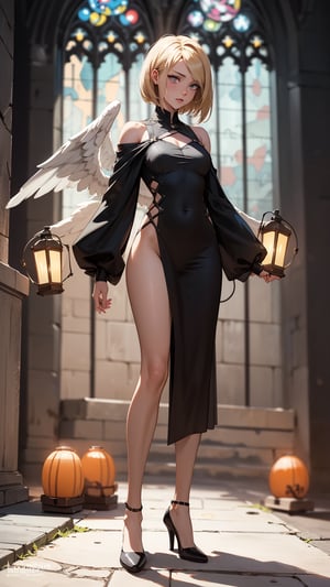 1girl, Female angel in white transparet revealing dress, (full body), revealing legs, gothic cathedral background with lanterns, cinematic palette,realhands,PonySamus,Antilene_Heran_Fouche \(overlord\),hmmikasa