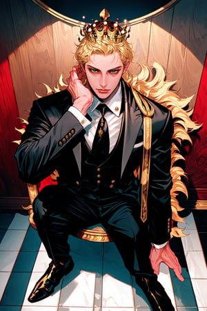 Man with a large golden crown on his head,
Serious and firm expression
Dressed in a suit and white tie
Looking at the floor 
,Dark king,  em um trono do rei 