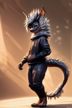 (nardo:1.4), teenager, male, grey-hair, hair spiky, white_body, realistic, long fluffy tail, smiling, looking_at_viewer, hoodie, furry, high_resolution, , expressive face, calm, awtter, side_view, detailed, raytracing, (musculegs:1.1), techwear pants, wavy (long hairs:1.2), sexy pose, good colors,taidum