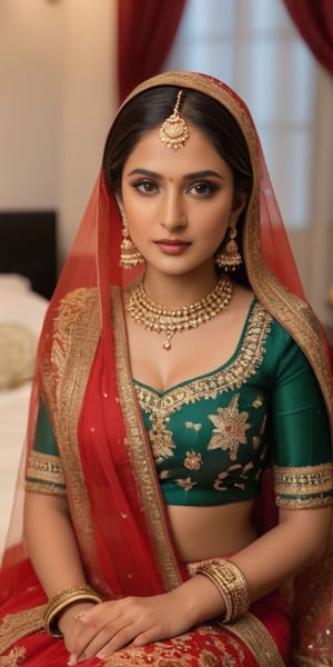 Imagine an Indian AI influencer seated elegantly on a bed, adorned in a stunning bridal outfit. Her attire is a traditional red and gold lehenga, rich with intricate embroidery and shimmering sequins. The dupatta (veil) is draped gracefully over her head, partially covering her long, flowing hair styled in soft waves. Her makeup is flawless, with bold eyeliner, a touch of gold eyeshadow, and deep red lipstick, enhancing her striking features. She wears heavy traditional jewelry, including a maang tikka (forehead ornament), choker necklace, bangles, and jhumkas (dangling earrings), all in gold with red and green gemstones.

The bed she's sitting on is draped with soft, luxurious fabrics in warm tones, complementing her outfit. Behind her, the backdrop includes traditional Indian decor with a modern twist, perhaps a mix of classic patterns and minimalistic elements, reflecting her tech-savvy nature. The room is softly lit, highlighting her poised posture as she gazes thoughtfully, embodying both tradition and modernity. The subtle presence of tech gadgets around her hints at her identity as an AI influencer, blending seamlessly with the cultural ambiance.