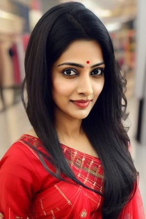 A 27-year-old Indian bhabhi with long and flowing black hair and striking black eyes. 
She should have a natural, approachable expression and be illuminated by soft, wearing a red dress in shopping mall,INDIAN 