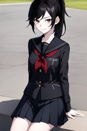 1Girl, Solo, Pale skin, black hair, ponytail, black eyes, 
sailor collar,  school uniform, sitting, evil smile.