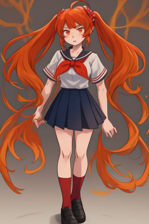 A close-up shot of Osana Najimi, her bright orange hair tied back in two high ponytails, her piercing orange eyes blazing with anger as she stands tall in her pink polka dot school uniform. Her pale skin seems to glow under the harsh lighting, accentuating her scowl and emphasizing her frustration. A pair of white socks peek out from beneath her skirt, a subtle contrast to her bold attire.