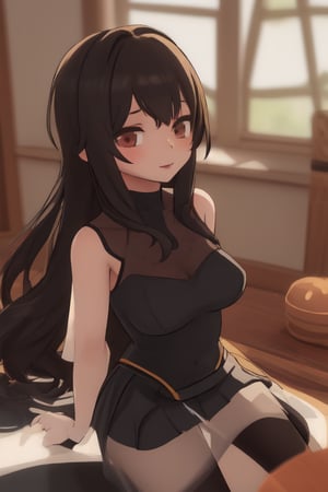 A sultry shot of a single girl posing in a studio setting. She sits with her back straight, long dark hair cascading down her back like a waterfall. A bright smile spreads across her face as she closes her eyes, reveling in the moment. Her black gloves add a touch of sophistication to her outfit, which features a flowy skirt and sheer pantyhose. The soft focus and warm lighting create a dreamy atmosphere, drawing the viewer's attention to her serene expression.