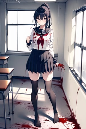 1girl, solo, long hair, looking at viewer, skirt, black hair, thighhighs, school uniform, standing, grey eyes, full body, ponytail, pleated skirt, shoes, serafuku, black thighhighs, indoors, sailor collar, zettai ryouiki, neckerchief, window, blood, desk, classroom, school desk, blood on clothes, chalkboard, blood splatter, blood on weapon, school, hallway, blood stain