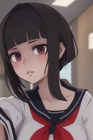 A close-up shot of a yandere girl's determined face, her eyes fixed intensely on something off-camera. Her dark hair is styled in a messy bob, framing her pale complexion. A faint smirk plays on her lips as she gazes at her target, the camera capturing her calculating expression amidst a dimly lit background with a hint of shadows.