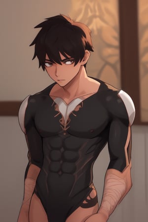 A close-up shot of Kasuki, a stunning young man with a chiseled jawline and piercing eyes, posing confidently in front of a neutral background. He's dressed in sleek black underwear that accentuates his toned physique, drawing attention to his defined abs and broad shoulders. Soft, warm lighting enhances the texture of his skin, while the camera's shallow depth of field blurs the surroundings, focusing solely on Kasuki's captivating features.