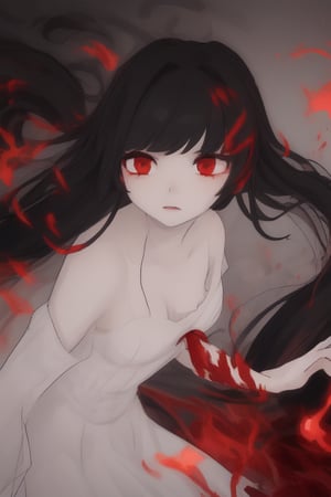 A hauntingly beautiful scene: a ghostly figure of a girl with jet-black hair and incredibly pale skin, her red eyes glowing like embers. She wears a flowing white dress that seems to billow behind her as she floats effortlessly through the air, her ethereal presence illuminated by an otherworldly glow.