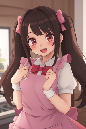 1girl, solo, long hair, looking at viewer, blush, smile, open mouth, bangs, shirt, black hair, dress, bow, twintails, brown eyes, white shirt, upper body, short sleeves, :d, hair bow, sidelocks, frills, puffy sleeves, collared shirt, bowtie, apron, puffy short sleeves, pink bow, pink apron