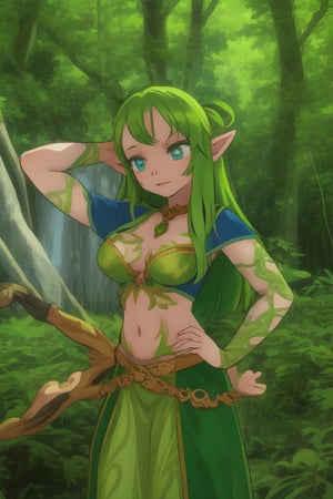 Elf maiden posing in a lush forest clearing, her vibrant green hair glowing in the warm sunlight. Her bright blue eyes sparkle with mischief as she holds a slender branch adorned with yellow and green leaves, matching the colors of her intricately detailed elf costume. The camera frames her from a slight angle, emphasizing her whimsical presence amidst the natural surroundings.