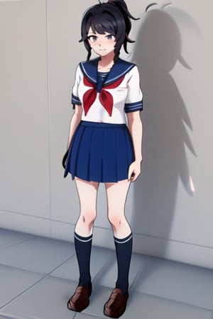 1girl, solo, blue hair, ponytail, black eyes, looking at viewer, skirt, shirt, school uniform, standing, full body, white shirt, short sleeves, pleated skirt, shoes, serafuku, black socks, sailor collar, black footwear, blue skirt, neckerchief, kneehighs, white socks, blue sailor collar, loafers, red neckerchief,Yandere Simulator ,yandere_style,Yandere Simulator Anime Style 