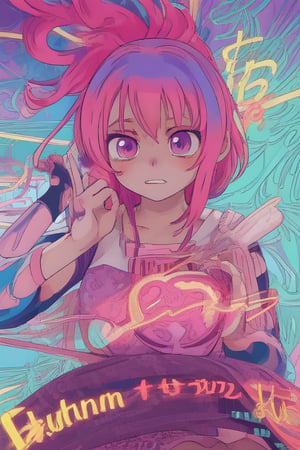 A close-up shot of a psychedelic anime girl with vibrant pink hair and bright blue eyes, surrounded by swirling patterns of neon lights and dreamy clouds. She's leaning against a glowing purple wall, wearing a flowing white dress with intricate silver trim, as if defying gravity. Her expression is enigmatic, with a hint of mischief and curiosity.