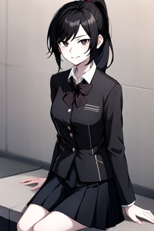 1Girl, Solo, Pale skin, black hair, ponytail, black eyes, salior school uniform, sitting, evil smile.