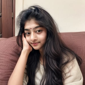 beautiful cute young attractive indian teenage girl, village girl, 20 years old, cute,  Instagram model, long black_hair, colorful hair, warm, dacing, in home sit at  sofa, indian