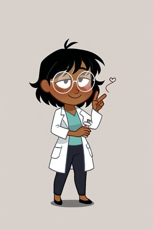 1girl,  natural lighting, labcoat, smile, solo, human ears, 

"A cute cartoon-style character with short black hair, neatly combed with a slight wave. The character has a light beige skin tone with a round face, soft blushing cheeks, and a wide, friendly smile, partially hidden by large round glasses. Their eyes are drawn as simple lines to emphasize a happy expression. The body is small and childlike, with rounded limbs and a slightly hunched posture, giving a relaxed and approachable stance. They are holding a beaker filled with yellow liquid in one hand, with their arm bent at the elbow, showing a gesture of confidence and cheerfulness. The character is dressed in a crisp white lab coat that reaches the knees, over a light-colored shirt and dark pants, completing the look of a playful yet professional scientist.",Dark skinned female,chibi, soft dark skin, dark skin,pill bottle,circle-glasses, black skin, pills, women