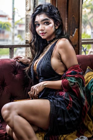 beautiful cute young attractive indian teenage girl, village girl, 18 years old, cute,  Instagram model, long black_hair, colorful hair, warm, dacing, in home sit at  sofa, indian